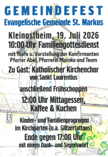 Einladungstext zum Gemeindefest in Kleinostheim, im Hintergrund ist die gezeichnete alte Markuskirche zu sehen