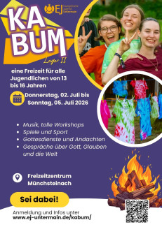 Flyer mit Informationen für KABUM und Bild von lachenden Jugendlichen