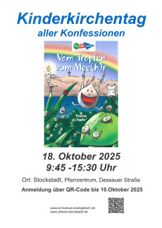 ein gezeichneter Wassertropfen fällt vom Regenbogen auf einge grüne Wiese