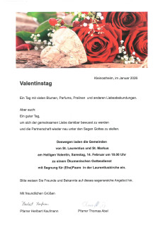 Plakat für Valentinsgottesdienst mit Foto von rote Rose und einem Herz