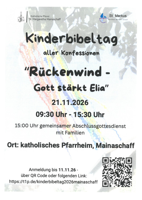 Winsspiel mit bunten Bändern hängt an einem Ast, im Vordergrund steht der Einladungstext