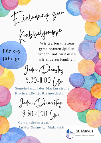 Plakat mit bunten Kreisen und den Terminen der Krabbelgruppen